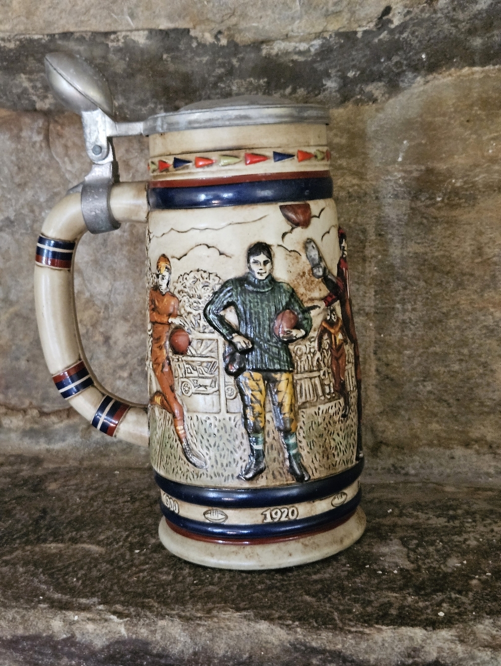 AVON Ceramic Football Scene Stein in Blue, Cream, and Brown $12